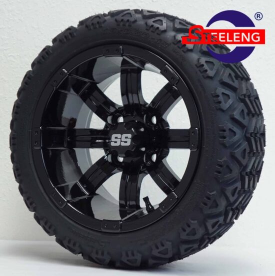 BNDL-TR1208-WH1232-CC0002-LN – SGC 12" Tempest Glossy Black Wheel - Aluminum Alloy / STEELENG 18″x8.5″-12″ All-Terrain Tire DOT approved
