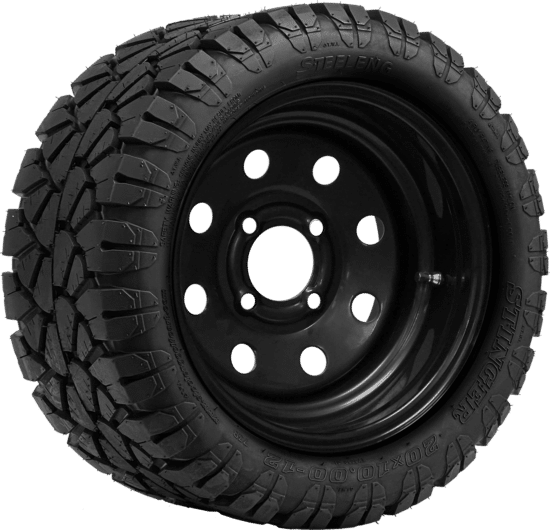 BNDL-TR1204-SW1202 – SGC 12" Steel Wheel - Black - 8 Holes / STEELENG 20″x10″-12″ STINGER All Terrain Tire DOT approved