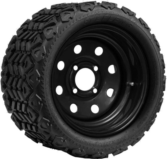 BNDL-TR1207-SW1202 – SGC 12" Steel Wheel - Black - 8 Holes / STEELENG 20″x10″-12″ All Terrain Tire DOT approved
