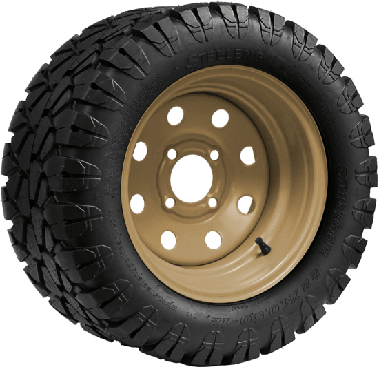 BNDL-TR1203-SW1203 – SGC 12" Steel Wheel - Desert Sand - 8 Holes / STEELENG 22"x10.5"-12" STINGER Hybrid AT Tire DOT approved