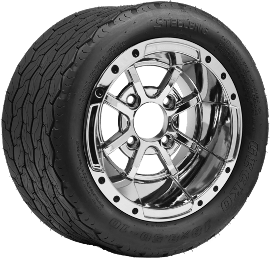 BNDL-TR1001-WH1013-CC0001-LN – SGC 10" Storm Trooper Chrome Wheel - Aluminum Alloy / STEELENG 18"x8.5"-10" (205/50-10) GECKO Street Tire
