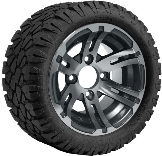 BNDL-TR1004-WH1003-CC0001-LN – SGC 10" Bulldog Machined/Gunmetal Wheel - Aluminum Alloy / STEELENG 18"x9"-10" STINGER All Terrain Tire DOT approved