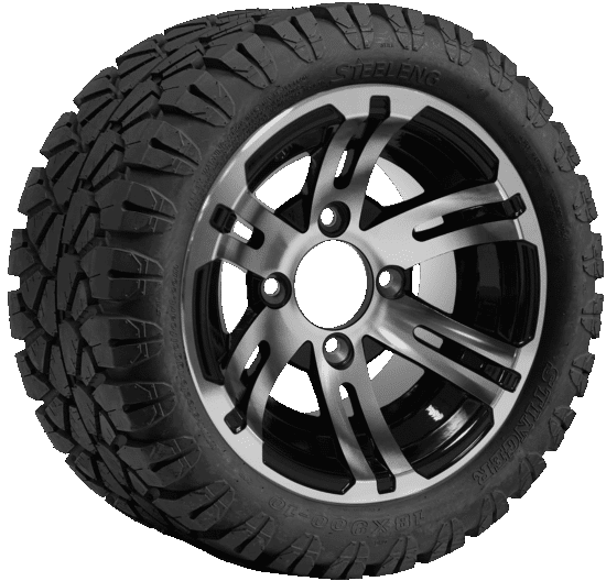 BNDL-TR1004-WH1004-CC0001-LN – SGC 10" Bulldog Machined/Black Wheel - Aluminum Alloy / STEELENG 18"x9"-10" STINGER All Terrain Tire DOT approved
