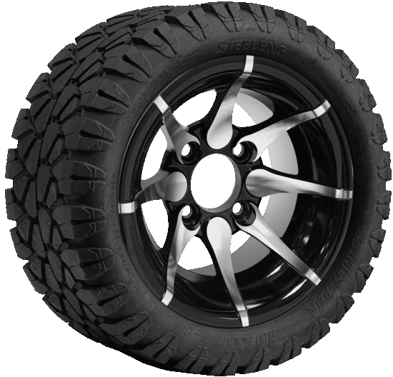 BNDL-TR1004-WH1005-CC0001-LN – SGC 10" Kraken Machined/Black Wheel - Aluminum Alloy / STEELENG 18"x9"-10" STINGER All Terrain Tire DOT approved