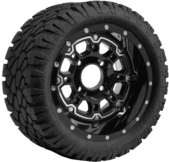 BNDL-TR1004-WH1007-CC0002-LN – SGC 10" Panther Glossy Black Wheel - Aluminum Alloy / STEELENG 18"x9"-10" STINGER All Terrain Tire DOT approved