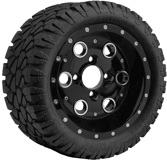 BNDL-TR1004-WH1008-CC0002-LN – SGC 10" Pioneer Glossy Black Wheel - Aluminum Alloy / STEELENG 18"x9"-10" STINGER All Terrain Tire DOT approved