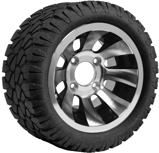 BNDL-TR1004-WH1009-CC0001-LN – SGC 10" Revolver Machined/Black Wheel - Aluminum Alloy / STEELENG 18"x9"-10" STINGER All Terrain Tire DOT approved