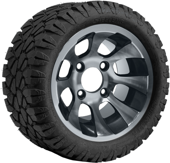 BNDL-TR1004-WH1010-CC0001-LN – SGC 10" Revolver Machined/Gunmetal Wheel - Aluminum Alloy / STEELENG 18"x9"-10" STINGER All Terrain Tire DOT approved