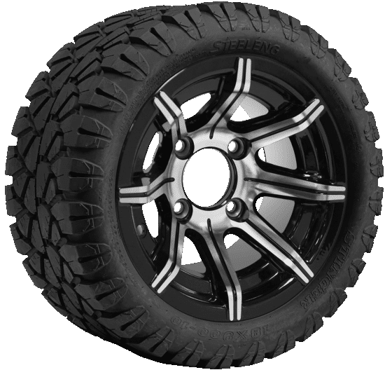 BNDL-TR1004-WH1012-CC0001-LN – SGC 10" Spider Machined/Black Wheel - Aluminum Alloy / STEELENG 18"x9"-10" STINGER All Terrain Tire DOT approved