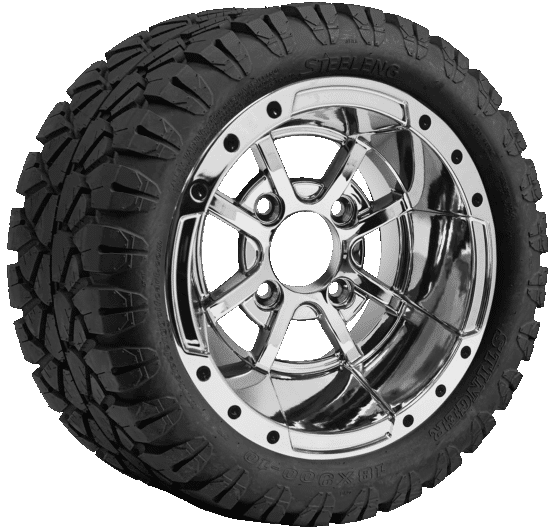 BNDL-TR1004-WH1013-CC0001-LN – SGC 10" Storm Trooper Chrome Wheel - Aluminum Alloy / STEELENG 18"x9"-10" STINGER All Terrain Tire DOT approved