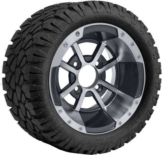 BNDL-TR1004-WH1014-CC0001-LN – SGC 10" Storm Trooper Machined/Gunmetal Wheel - Aluminum Alloy / STEELENG 18"x9"-10" STINGER All Terrain Tire DOT approved