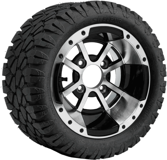 BNDL-TR1004-WH1015-CC0001-LN – SGC 10" Storm Trooper Machined/Black Wheel - Aluminum Alloy / STEELENG 18"x9"-10" STINGER All Terrain Tire DOT approved