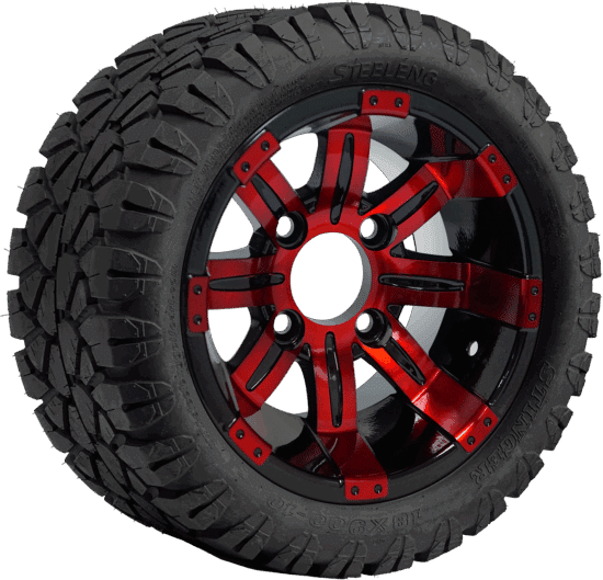 BNDL-TR1004-WH1018-CC0005-LN – SGC 10" Tempest Red/Black Wheel - Aluminum Alloy / STEELENG 18"x9"-10" STINGER All Terrain Tire DOT approved