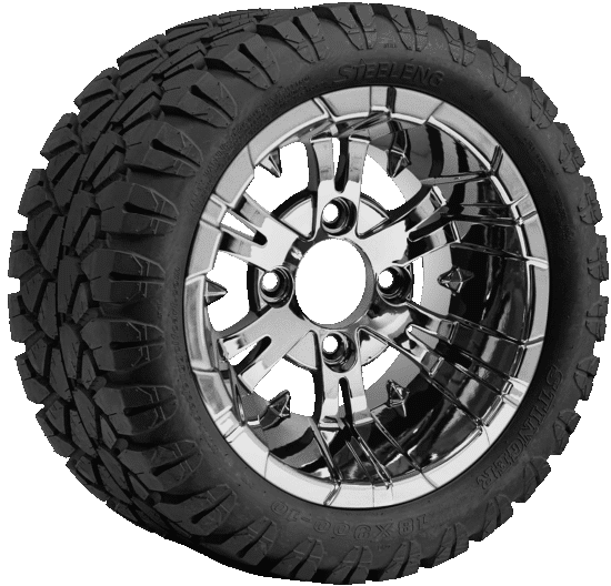 BNDL-TR1004-WH1020-CC0001-LN – SGC 10" Vampire Chrome Wheel - Aluminum Alloy / STEELENG 18"x9"-10" STINGER All Terrain Tire DOT approved