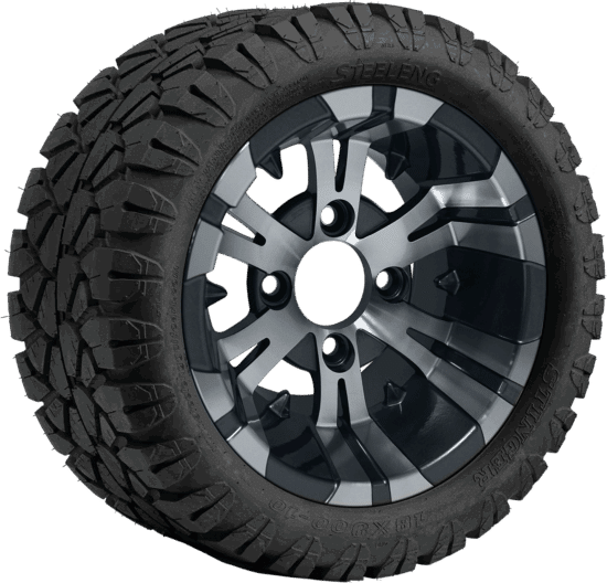 BNDL-TR1004-WH1021-CC0001-LN – SGC 10" Vampire Machined/Gunmetal Wheel - Aluminum Alloy / STEELENG 18"x9"-10" STINGER All Terrain Tire DOT approved