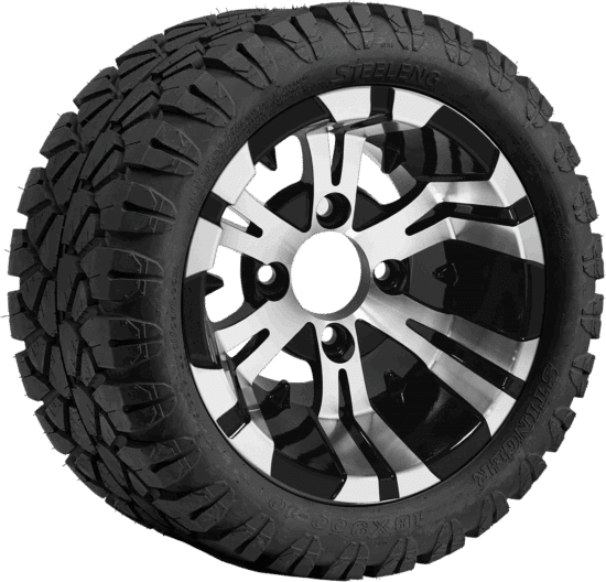 BNDL-TR1004-WH1022-CC0001-LN – SGC 10" Vampire Machined/Black Wheel - Aluminum Alloy / STEELENG 18"x9"-10" STINGER All Terrain Tire DOT approved