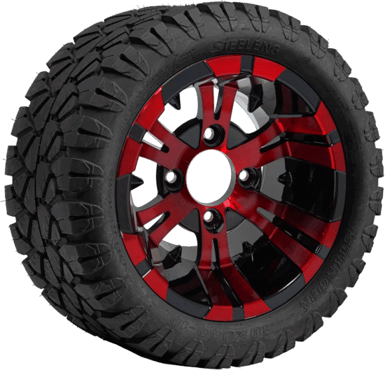 BNDL-TR1004-WH1024-CC0005-LN – SGC 10" Vampire Red/Black Wheel - Aluminum Alloy / STEELENG 18"x9"-10" STINGER All Terrain Tire DOT approved