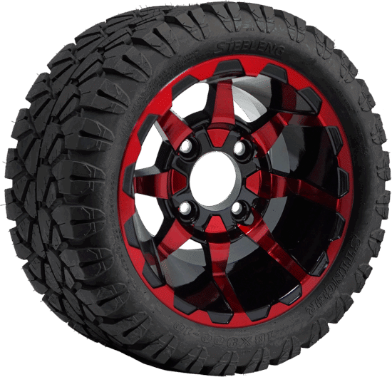 BNDL-TR1004-WH1026-CC0005-LN – SGC 10" Vortex Red/Black Wheel - Aluminum Alloy / STEELENG 18"x9"-10" STINGER All Terrain Tire DOT approved