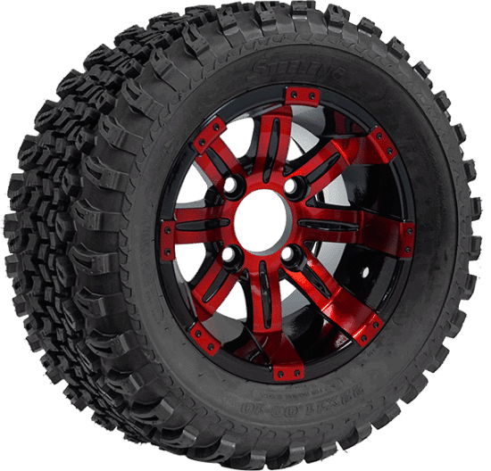 BNDL-TR1005-WH1018-CC0005-LN – SGC 10" Tempest Red/Black Wheel - Aluminum Alloy / STEELENG 22"x11"-10" All Terrain Tire DOT approved