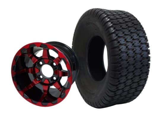 BNDL-TR1009-WH1026-CC0005-LN – 10" Vortex Red/Black Wheel - Aluminum Alloy / STEELENG 22"x9.5"-10" Turf Tire