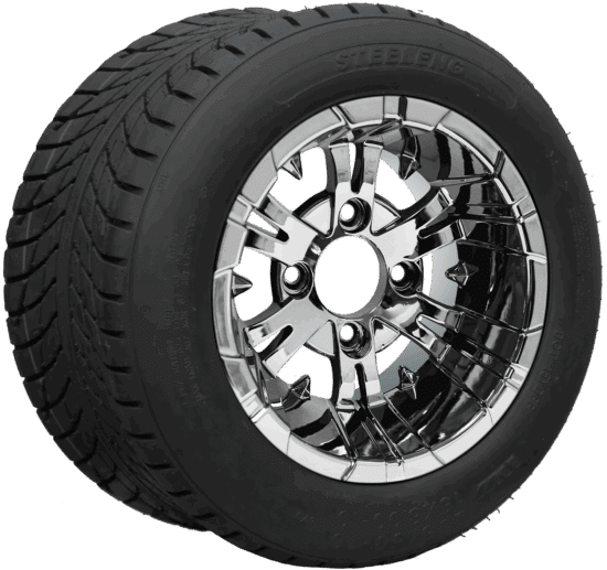 BNDL-TR1011-WH1020-CC0001-LN – SGC 10" Vampire Chrome Wheel - Aluminum Alloy / STEELENG 205/50-10 Low Profile Tire DOT Approved