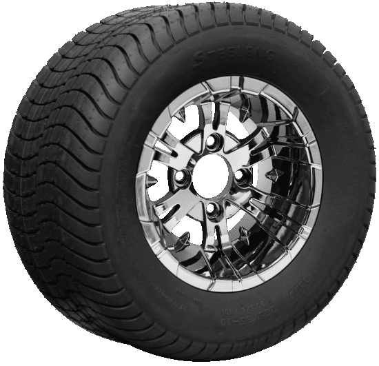 BNDL-TR1012-WH1020-CC0001-LN – SGC 10" Vampire Chrome Wheel - Aluminum Alloy / STEELENG 205/65-10 Comfort Ride Street Tire DOT approved