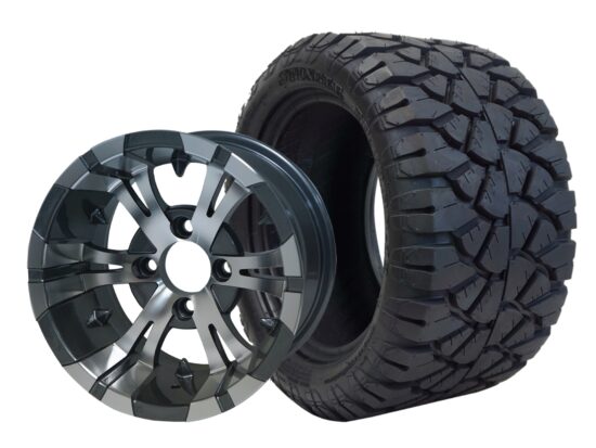 BNDL-TR1204-WH1244-CC0001-LN – SGC 12" Vampire Machined/Gunmetal Wheel - Aluminum Alloy / STEELENG 20″x10″-12″ STINGER All Terrain Tire DOT approved