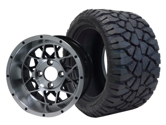 BNDL-TR1204-WH1249-CC0001-LN – SGC 12" Venom Machined/Black Wheel - Aluminum Alloy / STEELENG 20″x10″-12″ STINGER All Terrain Tire DOT approved