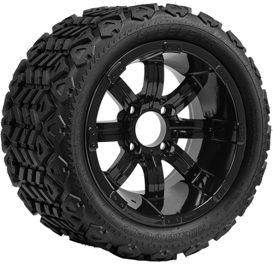 BNDL-TR1207-WH1232-CC0002-LN – SGC 12" Tempest Glossy Black Wheel - Aluminum Alloy / STEELENG 20″x10″-12″ All Terrain Tire DOT approved