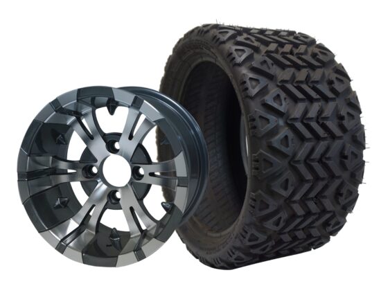 BNDL-TR1207-WH1244-CC0001-LN – SGC 12" Vampire Machined/Gunmetal Wheel - Aluminum Alloy / STEELENG 20″x10″-12″ All Terrain Tire DOT approved