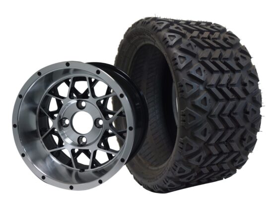 BNDL-TR1208-WH1249-CC0001-LN – SGC 12" Venom Machined/Black Wheel - Aluminum Alloy / STEELENG 18″x8.5″-12″ All-Terrain Tire DOT approved