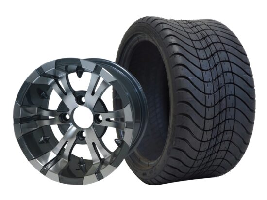 BNDL-TR1212-WH1244-CC0001-LN – SGC 12" Vampire Machined/Gunmetal Wheel - Aluminum Alloy / STEELENG 215/35-12 Low Profile Tire
