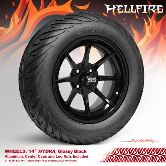 BNDL-TR1406-WH1401-CC0002-LN – SGC 14" Hydra Glossy Black Wheel - Aluminum Alloy / STEELENG 23"x10.5"-14" HELLFIRE Street Tire DOT approved