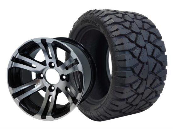 BNDL-TR1204-WH1202-CC0001-LN – SGC 12" Bulldog Machined/Black Wheel - Aluminum Alloy / STEELENG 20″x10″-12″ STINGER All Terrain Tire DOT approved