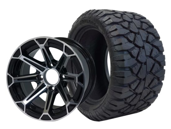 BNDL-TR1204-WH1204-CC0001-LN – SGC 12" Fang Machined/Black Wheel - Aluminum Alloy / STEELENG 20″x10″-12″ STINGER All Terrain Tire DOT approved