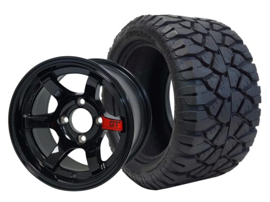 BNDL-TR1204-WH1210-CC0005-LN – SGC 12" GT Glossy Black Wheel - Aluminum Alloy / STEELENG 20″x10″-12″ STINGER All Terrain Tire DOT approved