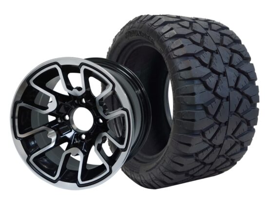 BNDL-TR1204-WH1215-CC0001-LN – SGC 12" Lizard Machined/Black Wheel - Aluminum Alloy / STEELENG 20″x10″-12″ STINGER All Terrain Tire DOT approved