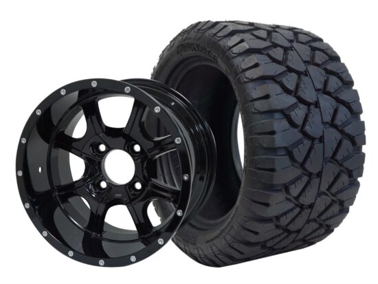 BNDL-TR1204-WH1221-CC0002-LN – SGC 12" Night Stalker Glossy Black Wheel - Aluminum Alloy / STEELENG 20″x10″-12″ STINGER All Terrain Tire DOT approved