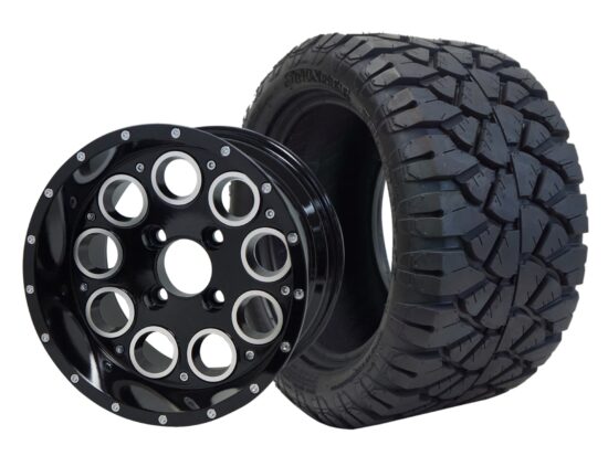 BNDL-TR1204-WH1224-CC0002-LN – SGC 12" Pioneer Glossy Black Wheel - Aluminum Alloy / STEELENG 20″x10″-12″ STINGER All Terrain Tire DOT approved