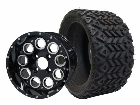 BNDL-TR1208-WH1224-CC0002-LN – SGC 12" Pioneer Glossy Black Wheel - Aluminum Alloy / STEELENG 18″x8.5″-12″ All-Terrain Tire DOT approved