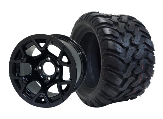 BNDL-TR1209-WH1227-CC0002-LN – SGC 12" Rally Glossy Black Wheel - Aluminum Alloy / STEELENG 22″x11″-12″ Mud Terrain / All Terrain Tire DOT Approved