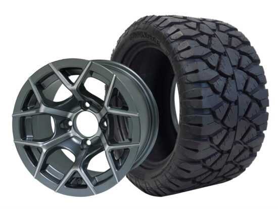 BNDL-TR1204-WH1229-CC0001-LN – SGC 12" Rally Machined/Gunmetal Wheel - Aluminum Alloy / STEELENG 20″x10″-12″ STINGER All Terrain Tire DOT approved