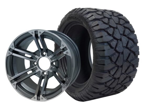 BNDL-TR1204-WH1238-CC0001-LN – SGC 12" Terminator Machined/Gunmetal Wheel - Aluminum Alloy / STEELENG 20″x10″-12″ STINGER All Terrain Tire DOT approved
