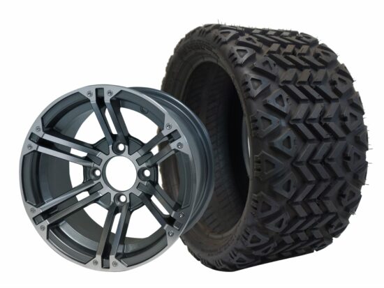 BNDL-TR1208-WH1238-CC0001-LN – SGC 12" Terminator Machined/Gunmetal Wheel - Aluminum Alloy / STEELENG 18″x8.5″-12″ All-Terrain Tire DOT approved