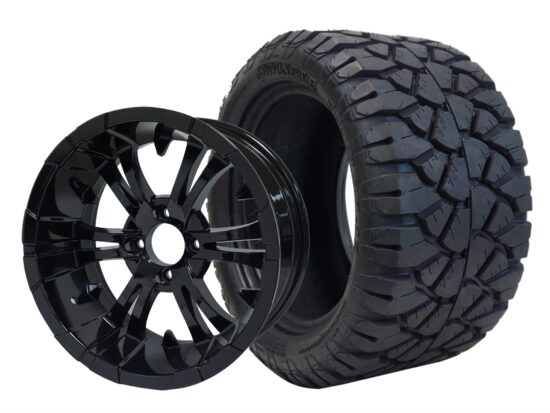 BNDL-TR1203-WH1242-CC0002-LN – SGC 12" Vampire Glossy Black Wheel - Aluminum Alloy / STEELENG 22″x10.5″-12″ STINGER All Terrain Tire DOT approved