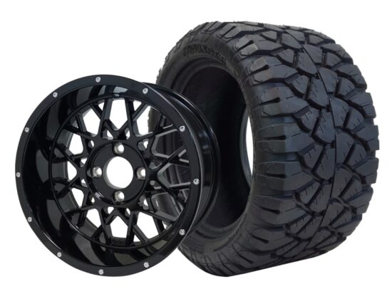 BNDL-TR1204-WH1250-CC0002-LN – SGC 12" Venom Glossy Black Wheel - Aluminum Alloy / STEELENG 20″x10″-12″ STINGER All Terrain Tire DOT approved