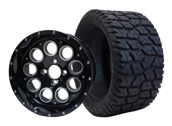 BNDL-TR1401-WH1404-CC0002-LN – SGC 14" Pioneer Glossy Black Wheel - Aluminum Alloy / STEELENG 22"x10.5"-14" GATOR Hybrid AT Tire DOT approved