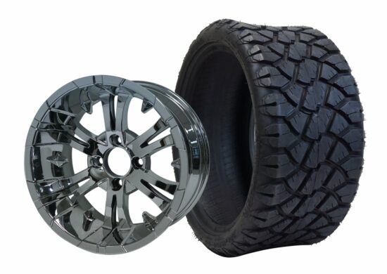 BNDL-TR1402-WH1415-CC0001-LN – SGC 14" Vampire Chrome Wheel - Aluminum Alloy / STEELENG 20"x8.5"-14" STINGER Hybrid AT Tire DOT approved
