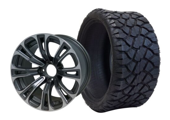 BNDL-TR1402-WH1417-CC0001-LN – SGC 14" Vector Machined/Gunmetal Wheel - Aluminum Alloy / STEELENG 20"x8.5"-14" STINGER Hybrid AT Tire DOT approved