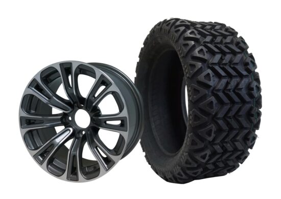 BNDL-TR1403-WH1417-CC0001-LN – SGC 14" Vector Machined/Gunmetal Wheel - Aluminum Alloy / STEELENG 23"x10"-14" All Terrain Tire DOT approved